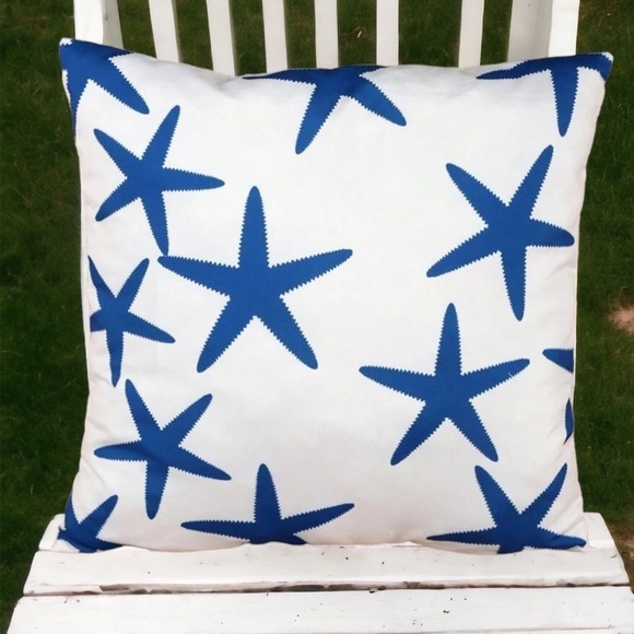 Coastal Starfish Pillow Cover Beach Nautical Square Blue White 17. 7 X 17.7 in - Picture 1 of 16